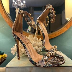 PRIVILEGED Jeweled Snakeskin Print Iridescent High Heel Ankle Strap Sandals
